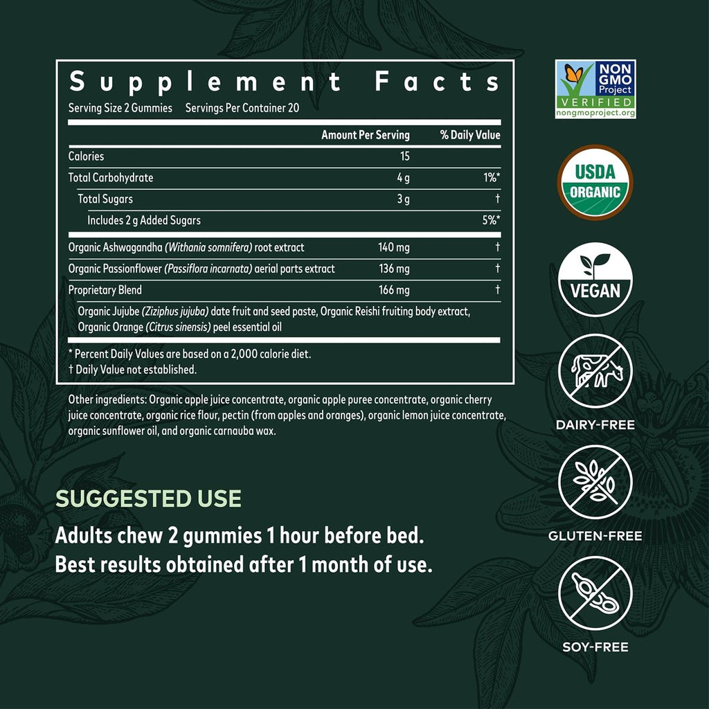 Gaia Herbs Organic Sleep Gummies, Sleep Support, Ashwagandha, Organic Reishi Mushroom, Passionflower, USDA Certified Organic, Non-GMO, Gluten Free, Vegan, 40 Count