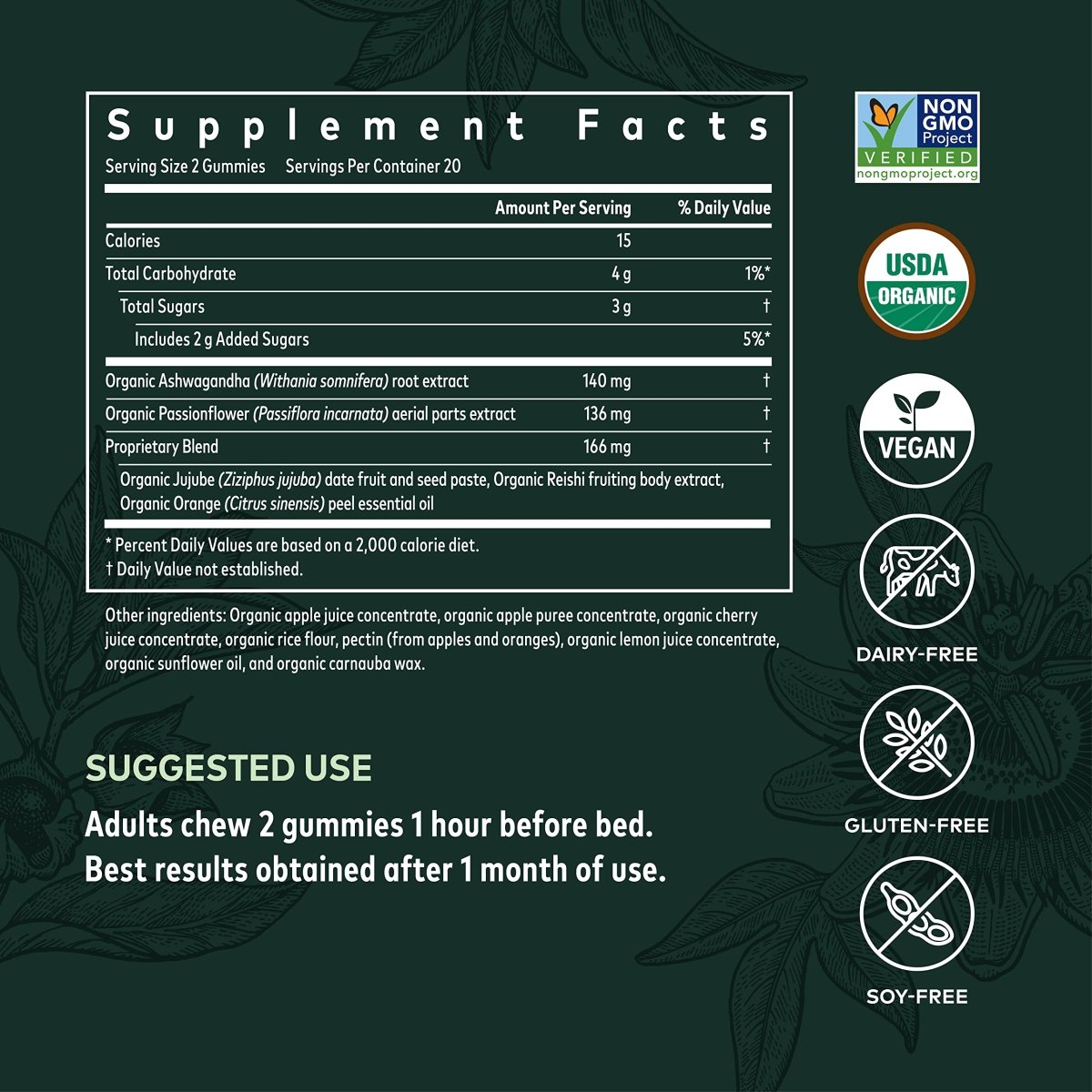 Gaia Herbs Organic Sleep Gummies, Sleep Support, Ashwagandha, Organic Reishi Mushroom, Passionflower, USDA Certified Organic, Non-GMO, Gluten Free, Vegan, 40 Count
