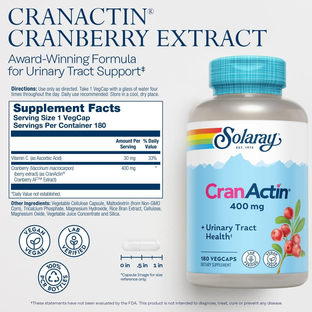 Solaray Cranactin Cranberry AF Extract Capsules, 400 mg, 180 Count