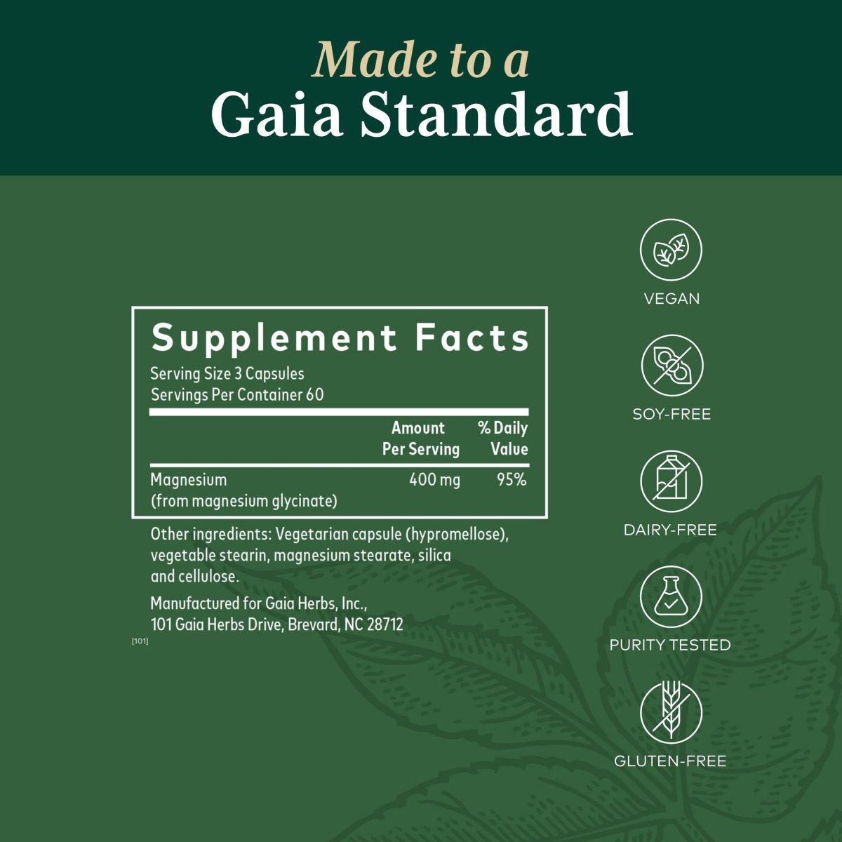 Gaia PRO Magnesium Glycinate 400 - Sleep Support & Stress Relief - Support for Nervousness - with Magnesium - 180 Capsules (60 Servings)
