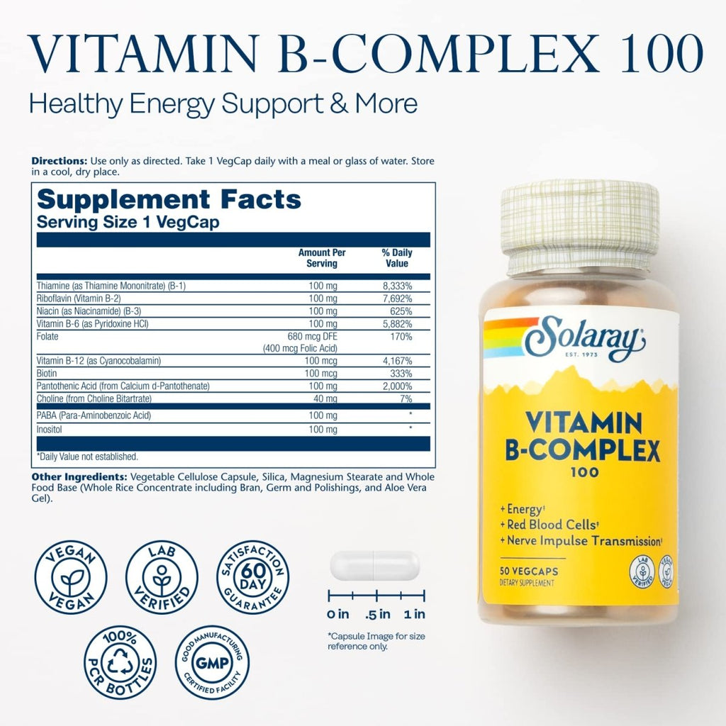 Solaray Vitamin B-Complex 100 mg - Healthy Energy, Blood Cell Formation & Nerve Impulse Transmission Support - 100 VegCaps (50 Count)