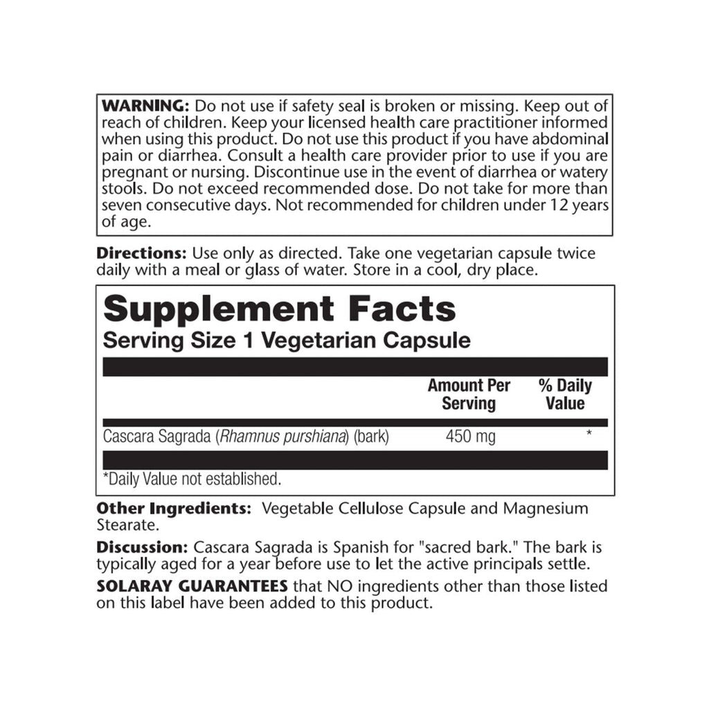 SOLARAY Cascara Sagrada Bark, Veg Cap (Btl-Plastic) 450mg 100ct