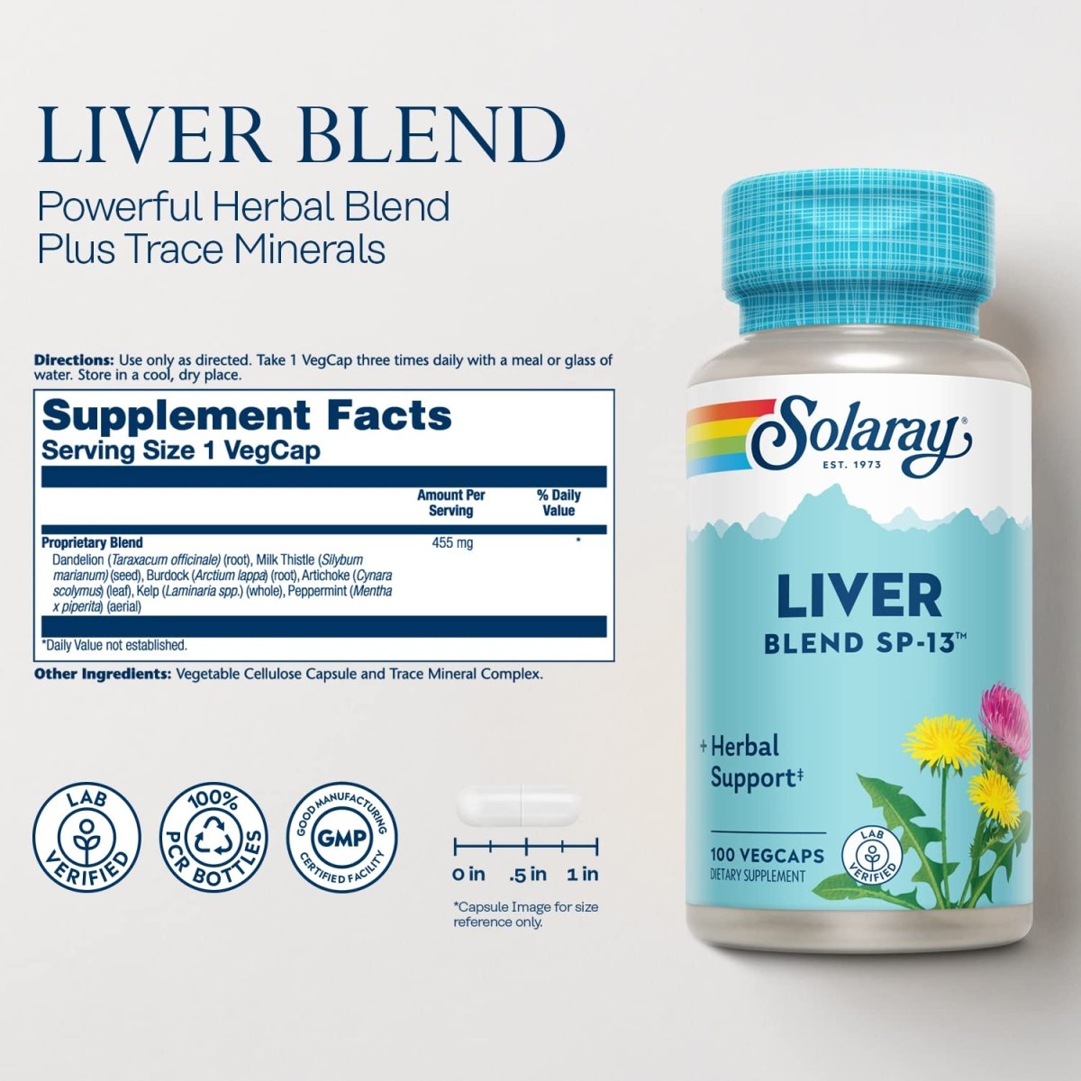Solaray Liver Blend SP-13, Traditional Liver Cleanse Detox & Repair Support with Milk Thistle, Dandelion, Burdock, Artichoke Leaf, Kelp, Peppermint, and Trace Minerals, 100 Servings, 100 VegCaps