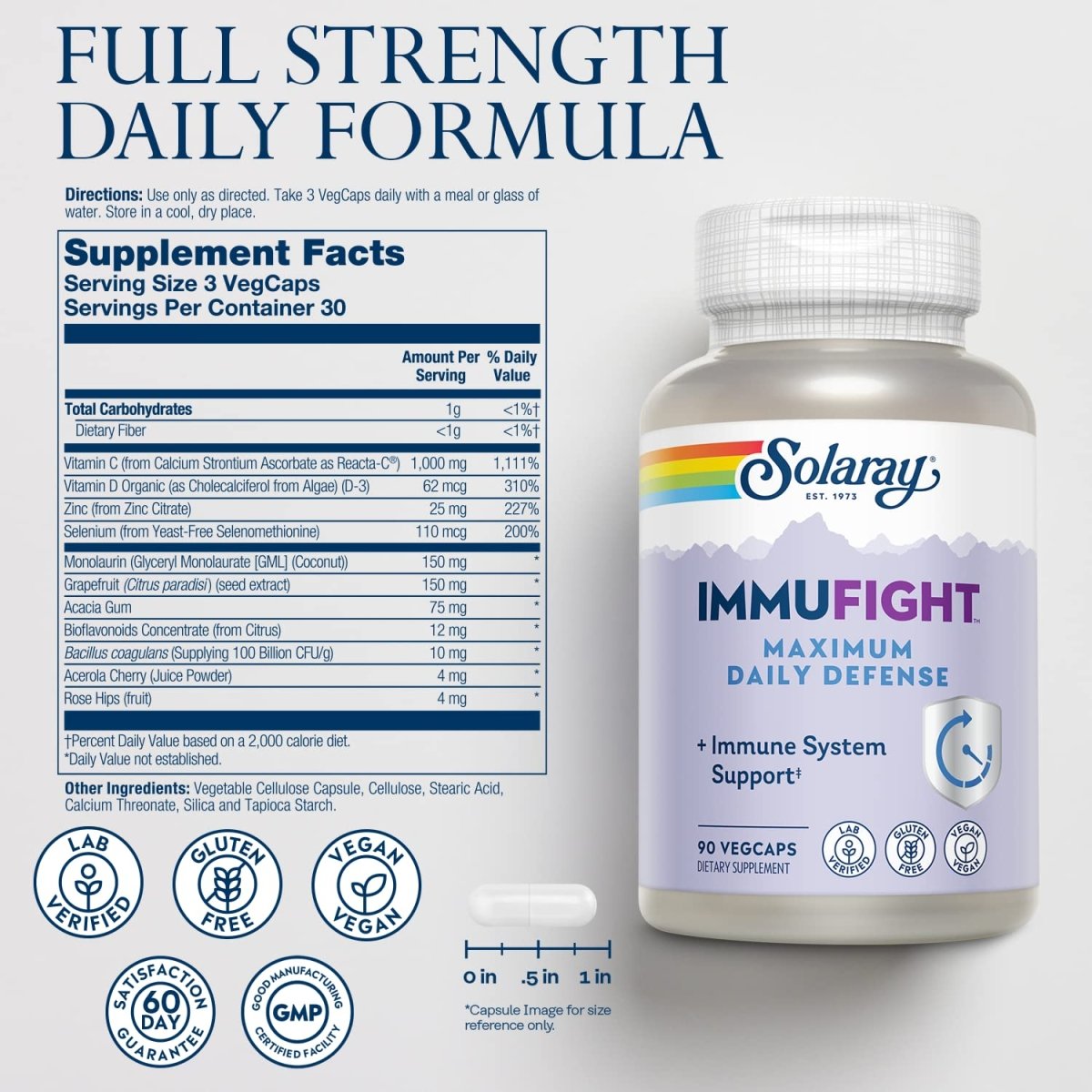 SOLARAY Immufight Maximum Daily Defense, All Day Immune Support, Vitamin C, Vitamin D, Zinc, Probiotics, Monolaurin, Acerola & More, Vegan & Gluten Free, 60 Day Guarantee, 30 Servings, 90 VegCaps
