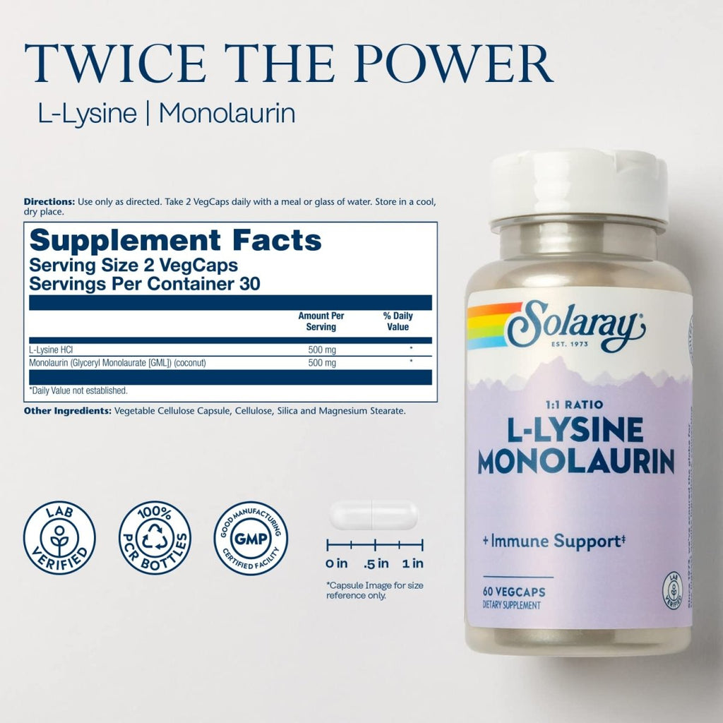 Solaray L-Lysine Monolaurin Immune Support - Powerful Formula for Optimal Immune System Function - 60 VegCaps