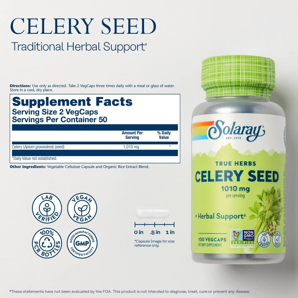 Solaray Celery Seed 1010 mg, Traditional Liver, Water Balance, and Joint Support, Whole Celery Seeds with Phytochemicals and Flavonoids, Vegan, Lab Verified, 60-Day Money-Back Guarantee, 50 Servings, 100 VegCaps