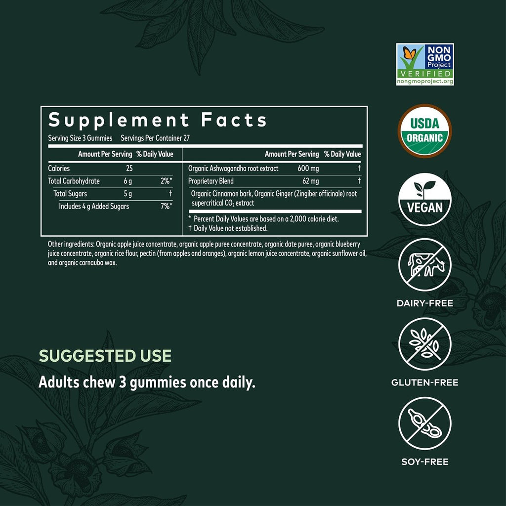 Gaia Herbs Organic Ashwagandha Gummies, Stress Support, Cinnamon, Ginger, Gluten Free, Vegan, 81 Count