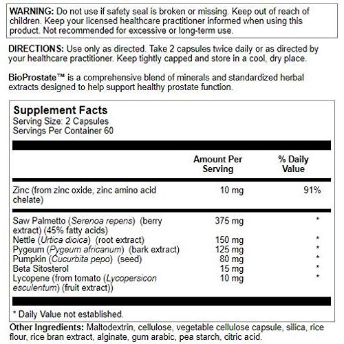 Nutra BioGenesis - BioProstate - Saw Palmetto, Beta-Sitosterol and Lycopene for Prostate Health and Urinary Tract Support - Gluten Free, Vegan - 120 Capsules