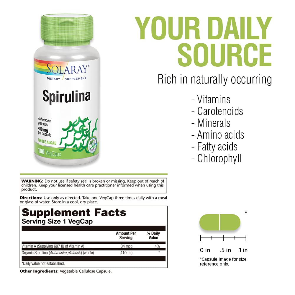 SOLARAY Spirulina 410mg | Algae Superfood Supports Energy, Vitality & Overall Health | 100ct, 100 Serv.