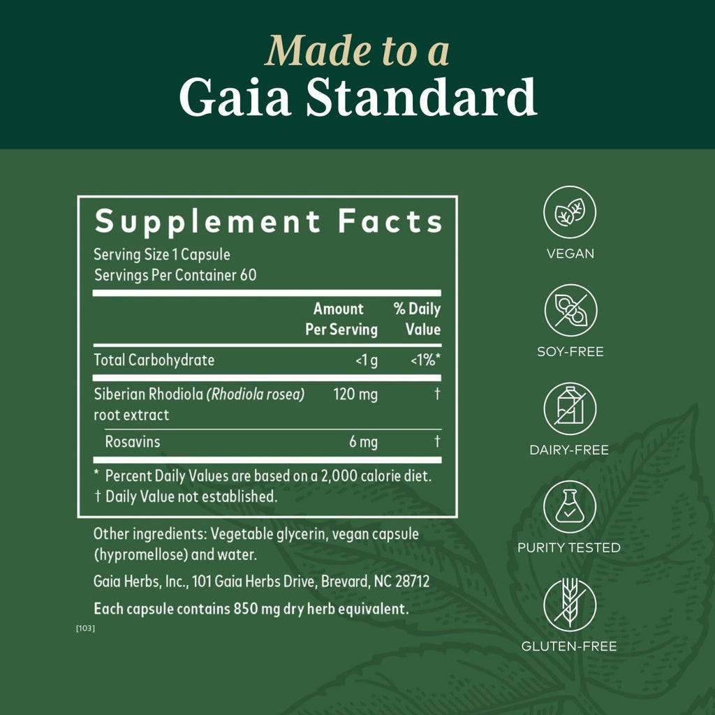 Gaia PRO Rhodiola - Your Key to Adaptogen Stress Support & Relief 60 Capsules