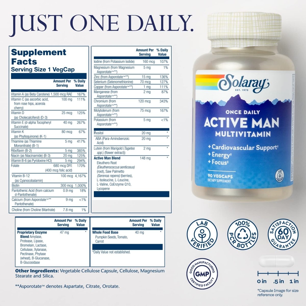 SOLARAY Once Daily Active Man Multivitamin & Mineral, Multivitamin for Cardiovascular, Support, Energy & Focus, Digestive Enzyme Blend, Amino Acids and Whole Food Base, 90 Servings, 90 VegCaps