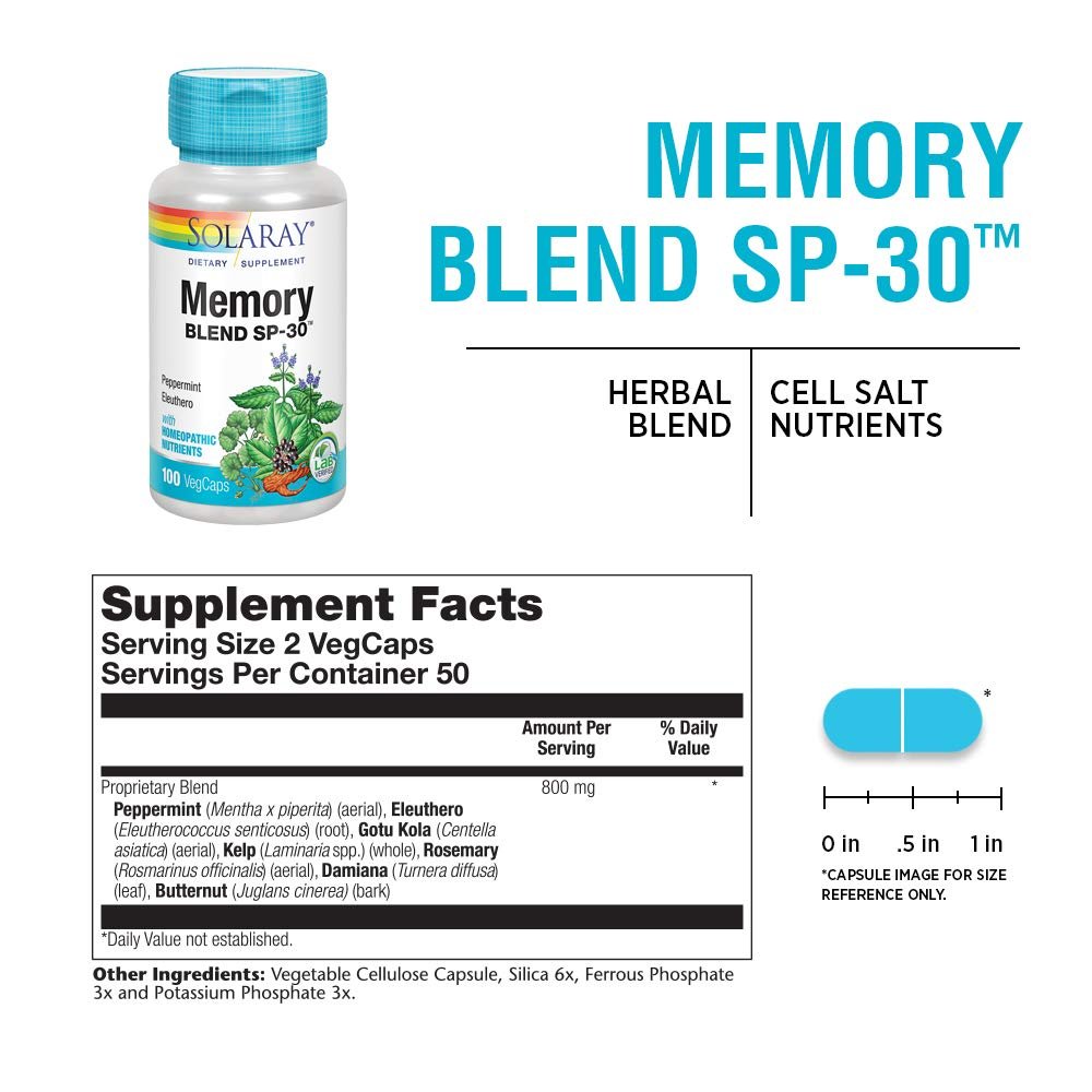 Solaray Memory Blend SP-30 | Herbal Blend w/Cell Salt Nutrients to Help Support Memory, Concentrate & Focus | Non-GMO, Vegan | 50 Servings | 100 VegCaps