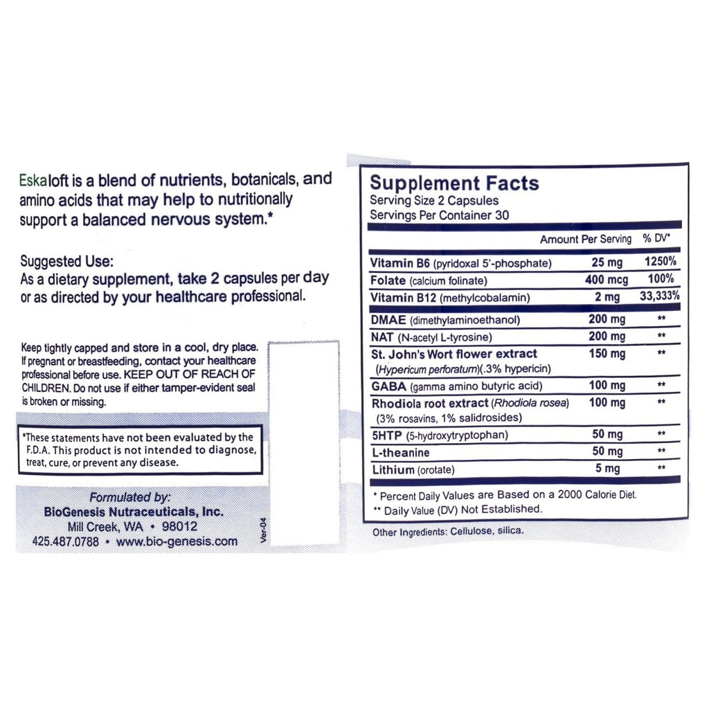 Nutra Biogenesis Eskaloft - B Vitamins - 120 Capsules -, Rhodiola and St. John's Wort to Help Support Mental Health & Stress Response - Gluten Free