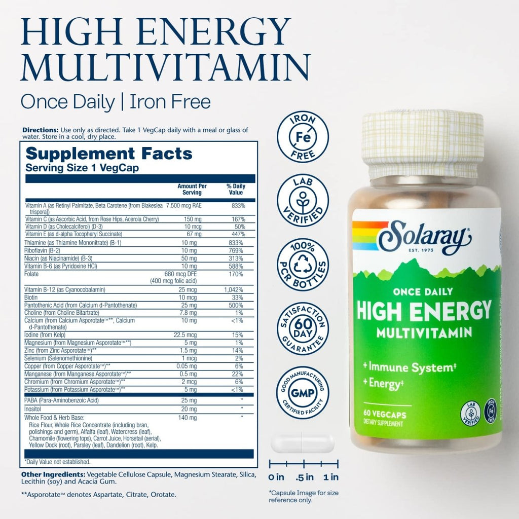 SOLARAY Once Daily High Energy Multivitamin - Immune Support, Energy Boost, Men's & Women's Multi, 60 VegCaps