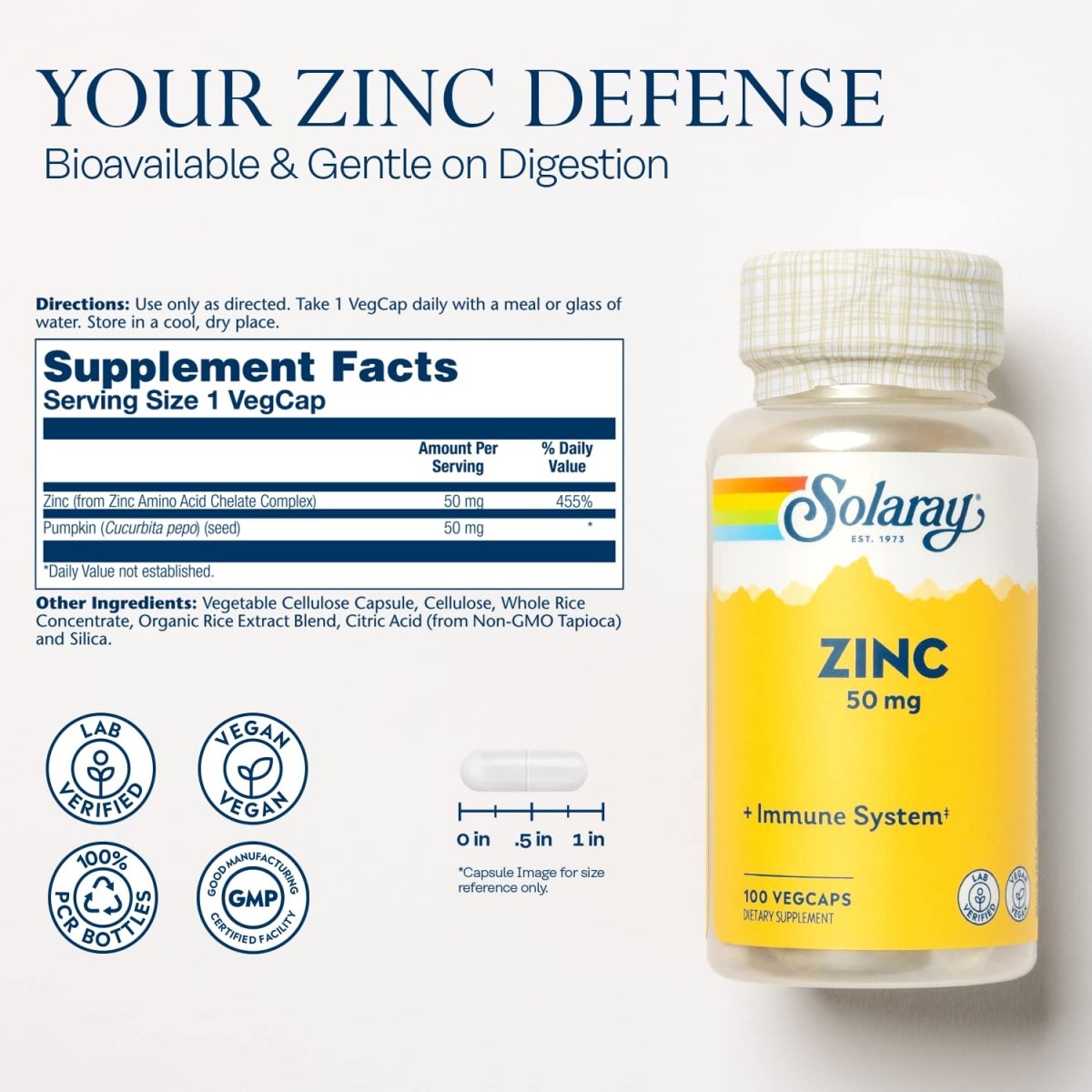 Solaray Zinc 50mg 100 Serv, 100 VegCaps