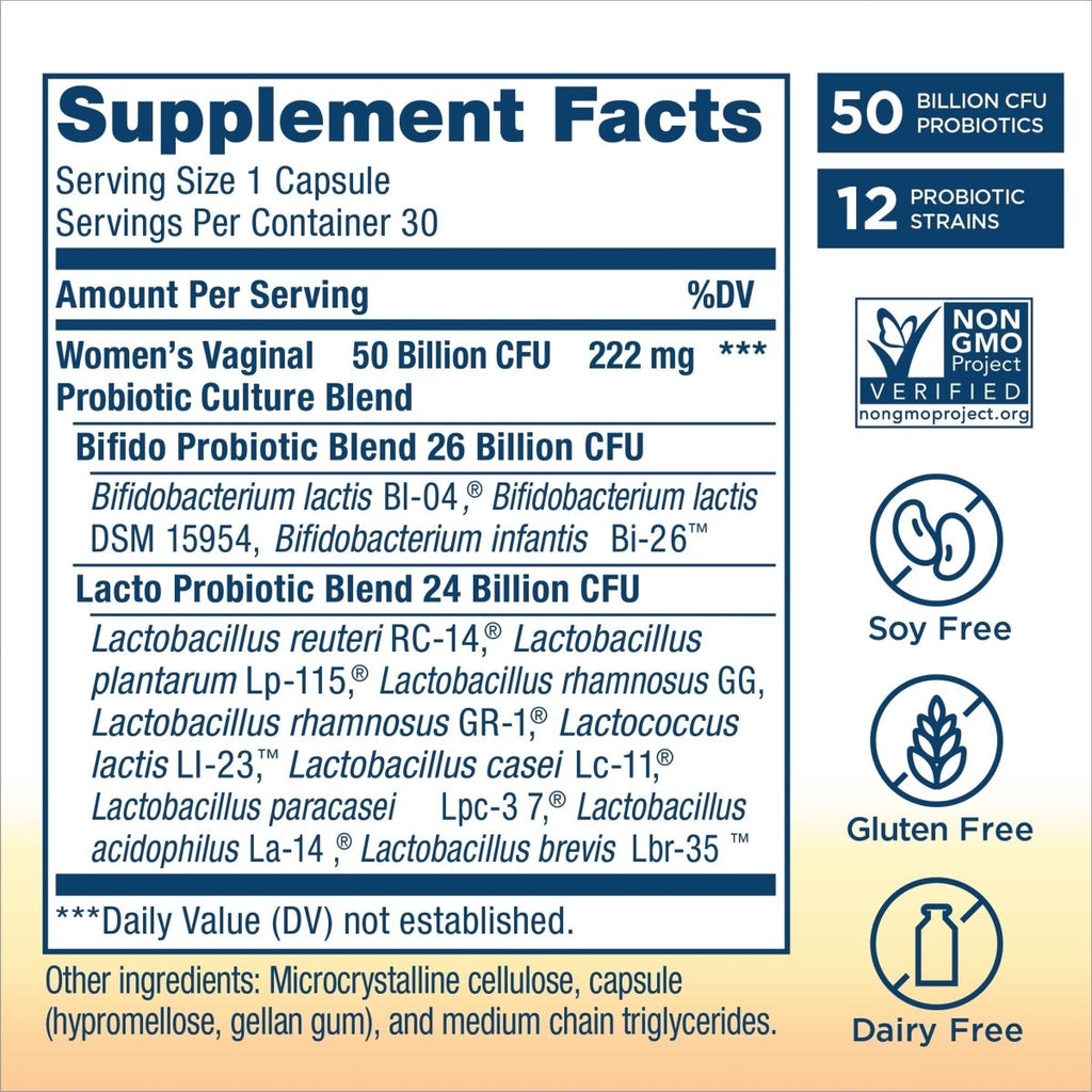Renew Life Womens Wellness, Womens Care Probiotic, 4-in-1: Vaginal, Urinary, Digestive and Immune Support, 50 Billion CFU Per Capsule Guaranteed, 12 Strains; Shelf-Stable Probiotic, 30 ct.*