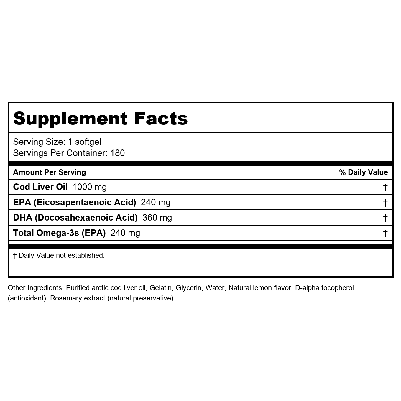 Nordic Naturals Artic Cod Liver Oil 240 EPA / 360 DHA 1000mg 180 Softgels