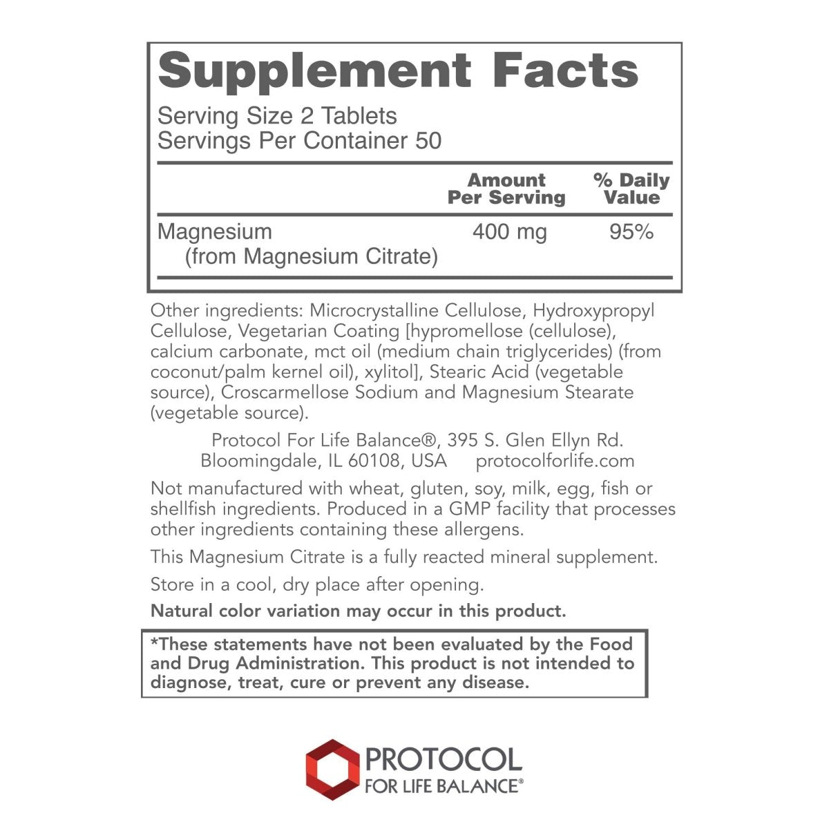 Protocol for Life Balance Magnesium Citrate 400mg 100 Tablets - P1290
