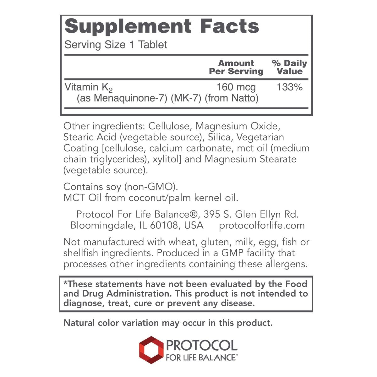 Protocol For Life Balance MK-7 Vitamin K2 160 mcg 60 Tablets - P0993