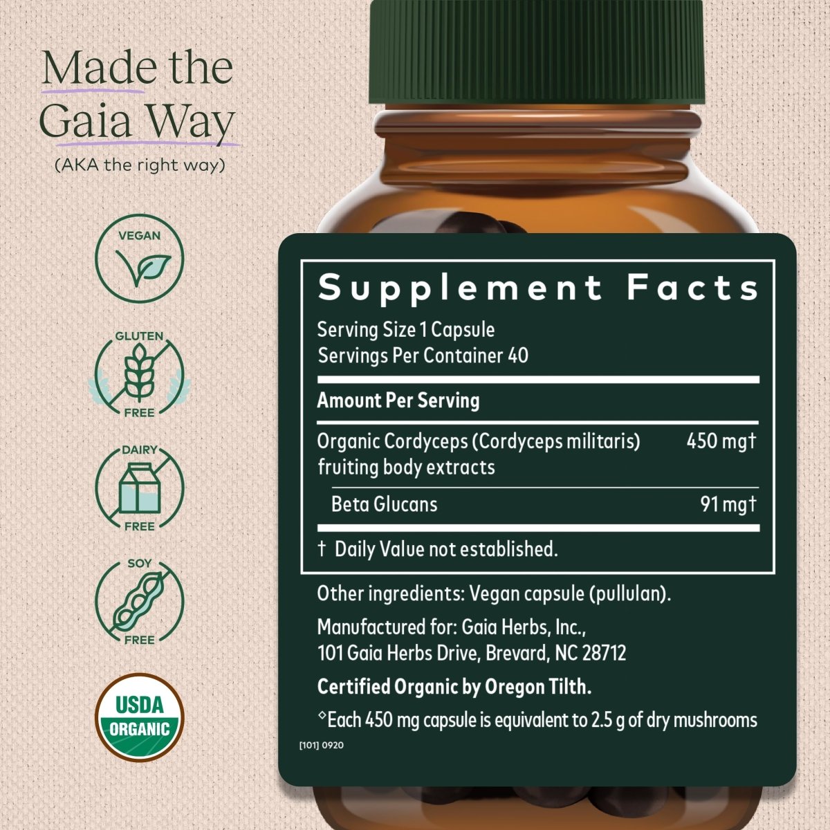 Gaia Herbs - Cordyceps Mushroom Energy Support 450 mg. - 40 Capsules