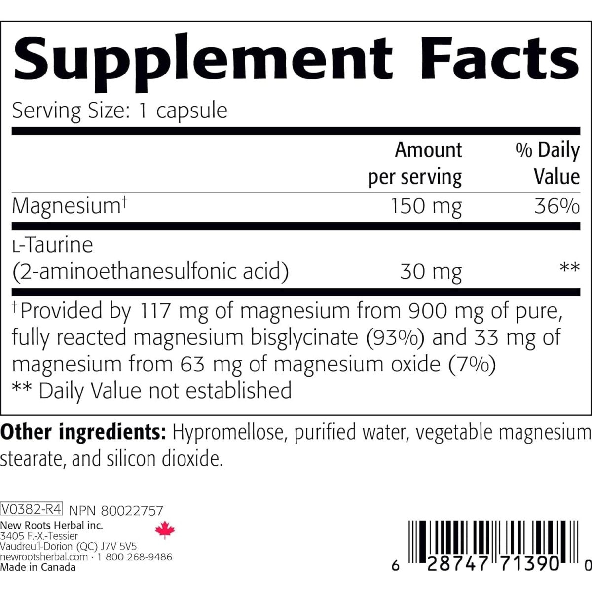 New Roots Herbal Magnesium Bisglycinate 150 mg Elemental Magnesium 120 Capsules
