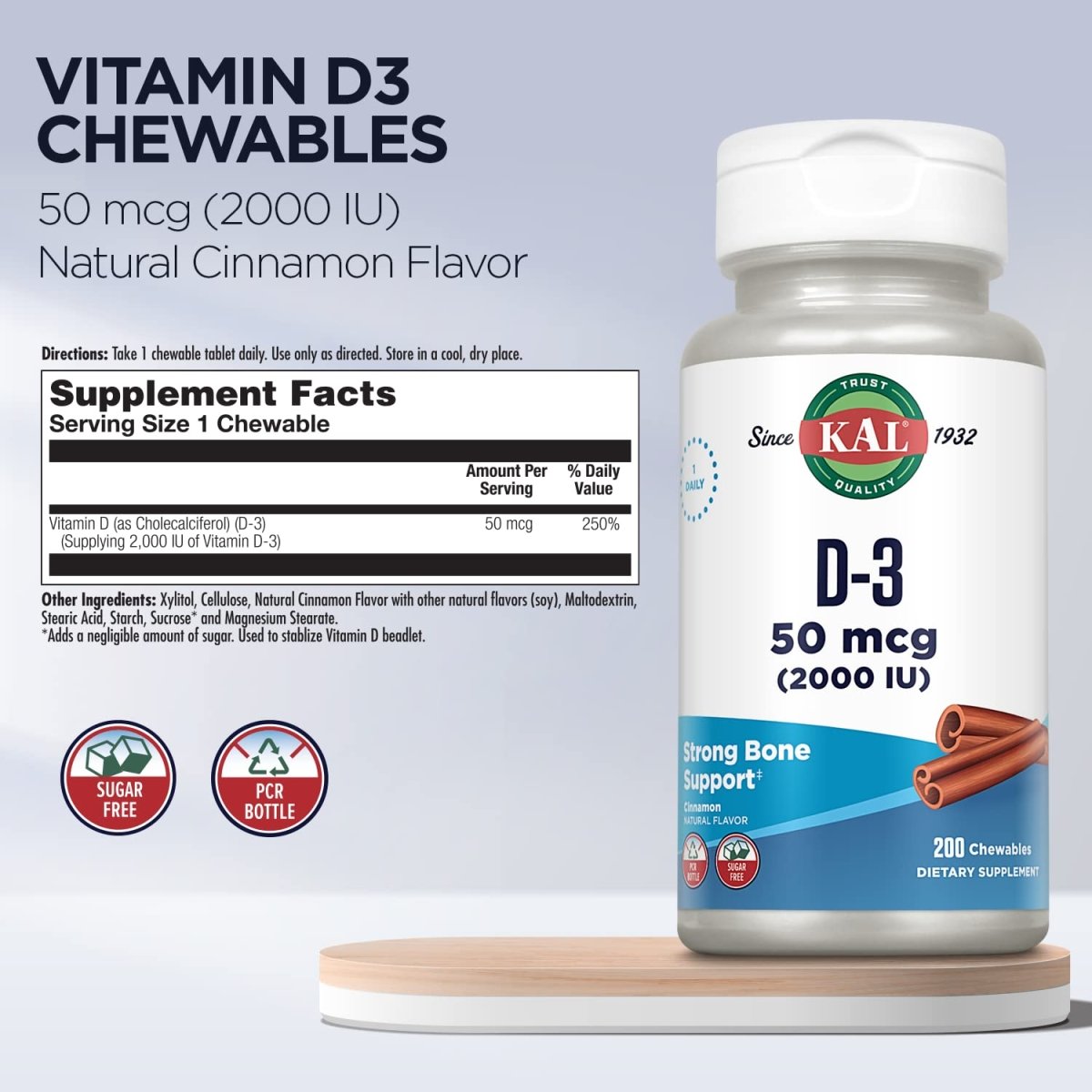 KAL Vitamin D3 Chewables 50 mcg, Vitamin D 2000 IU as Cholecalciferol, 200 Chewables   49864