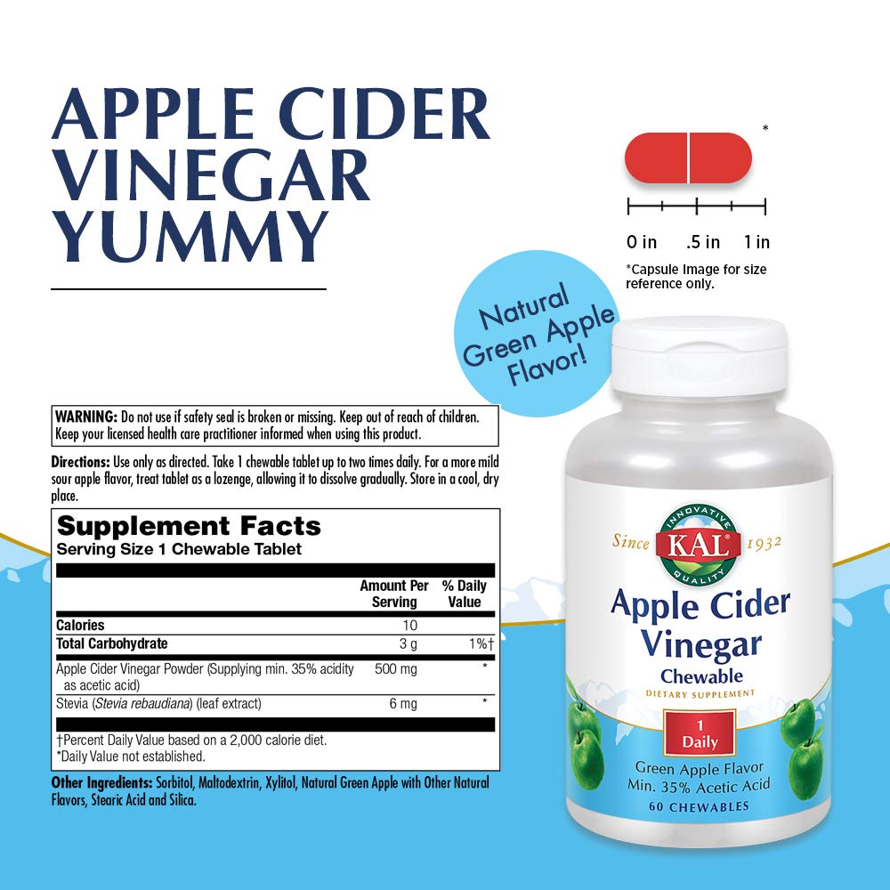 KAL Chewable Tablets, Apple Cider Vinegar, 500 mg, 60 Count  51865