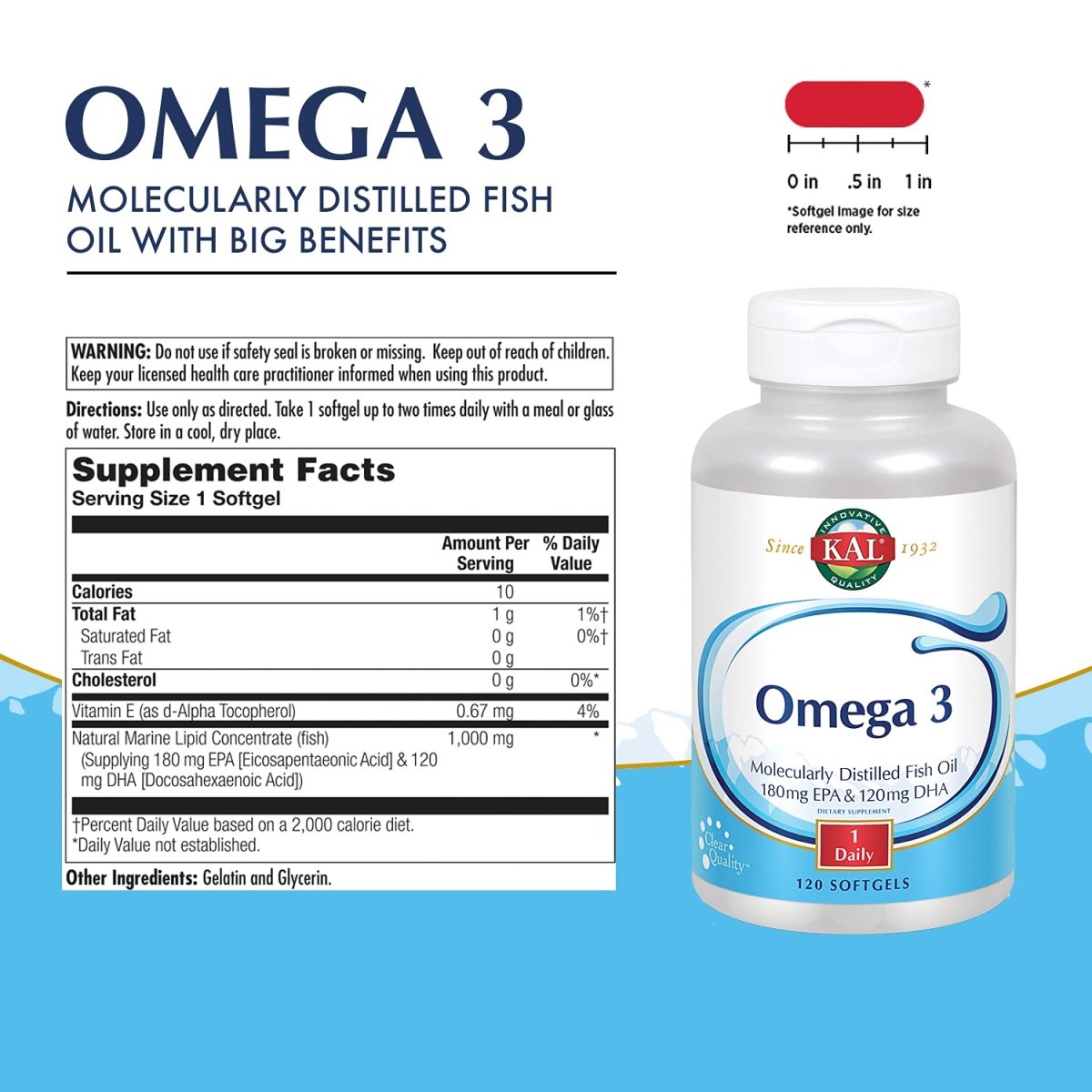 KAL Omega 3 | Omega-3 Fish Oil for Healthy Heart, Joint & Brain Support | 180mg EPA, 120mg DHA (60 CT, 120 Serv)   84006
