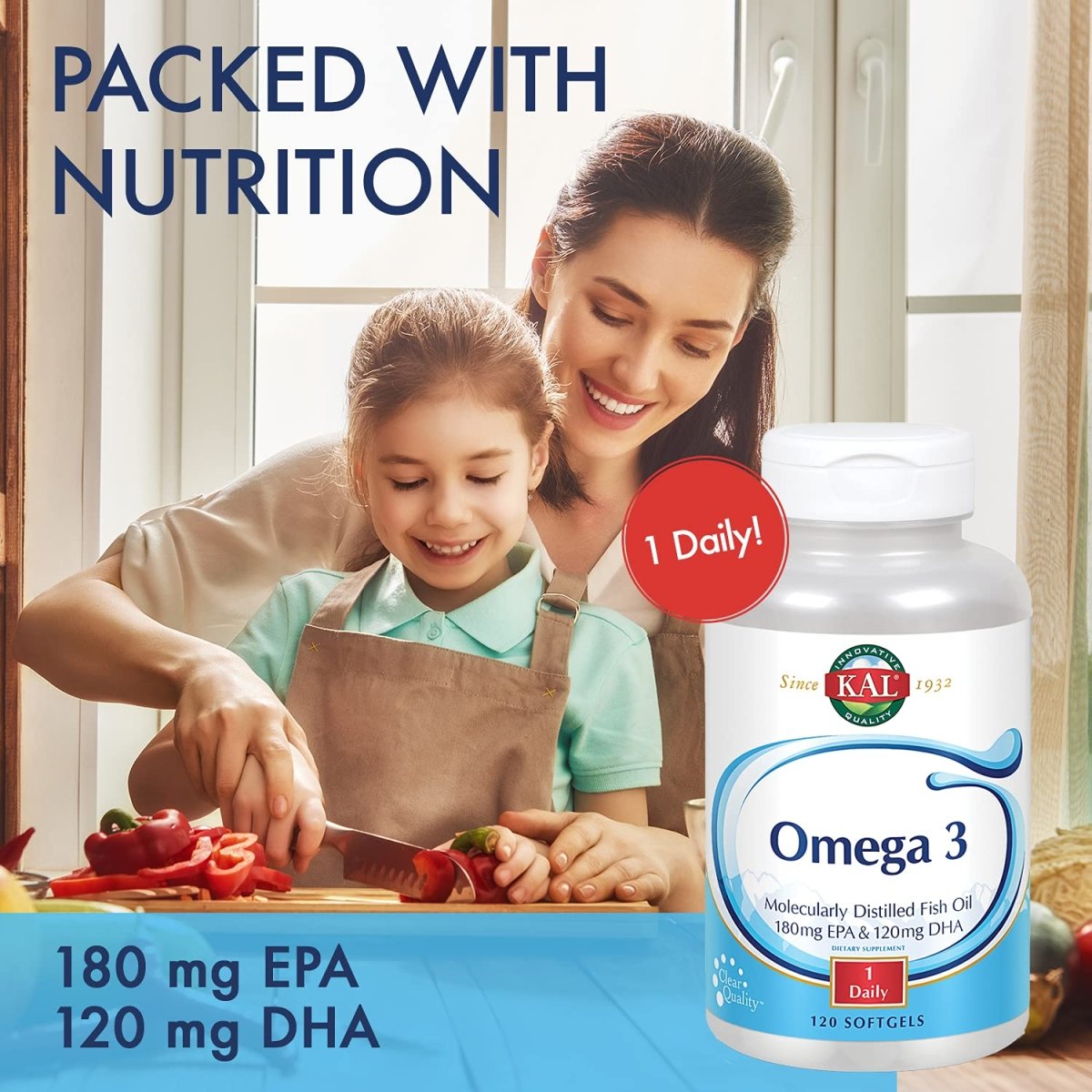 KAL Omega 3 | Omega-3 Fish Oil for Healthy Heart, Joint & Brain Support | 180mg EPA, 120mg DHA (60 CT, 120 Serv)   84006