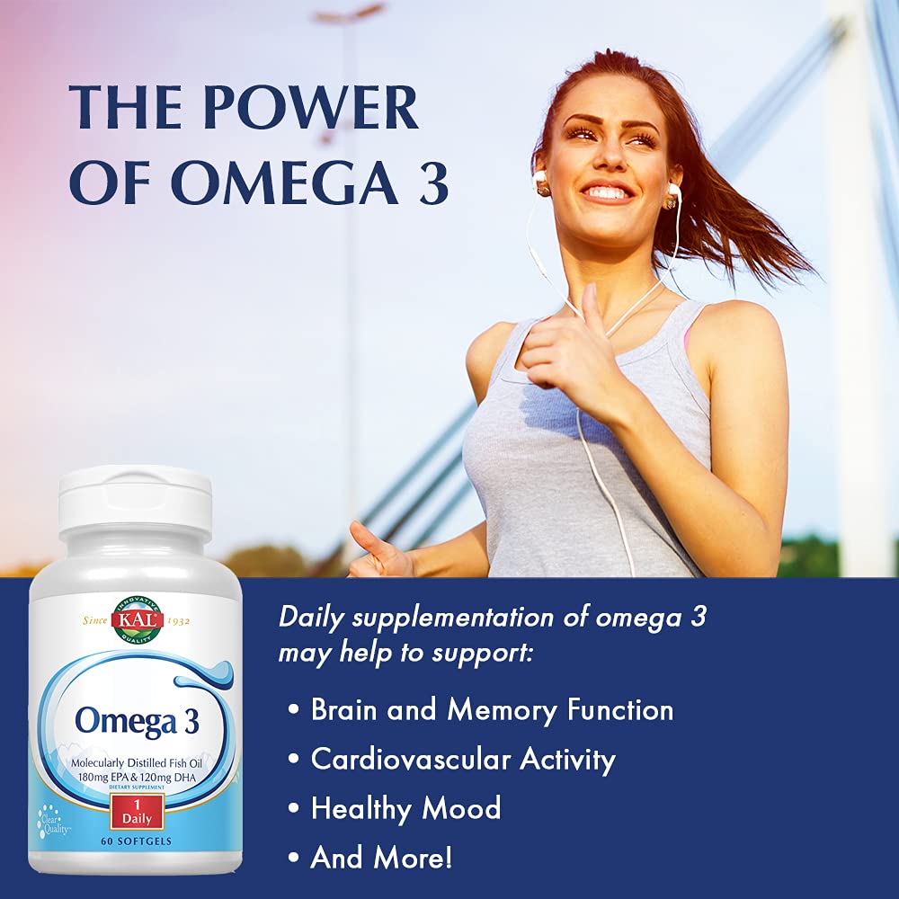 KAL Omega 3 | Omega-3 Fish Oil for Healthy Heart, Joint & Brain Support | 180mg EPA, 120mg DHA (60 CT, 120 Serv)   84006
