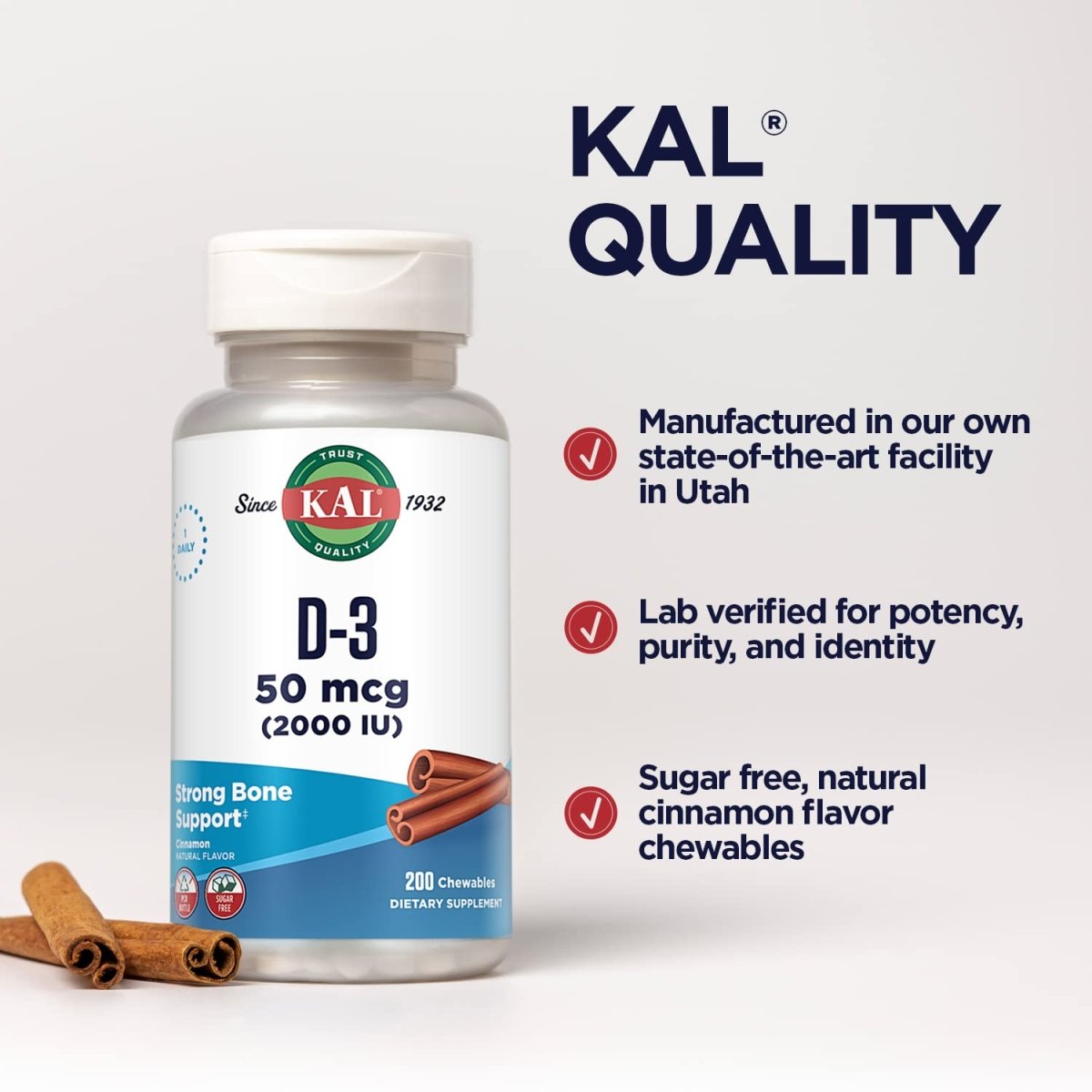 KAL Vitamin D3 Chewables 50 mcg, Vitamin D 2000 IU as Cholecalciferol, 200 Chewables   49864