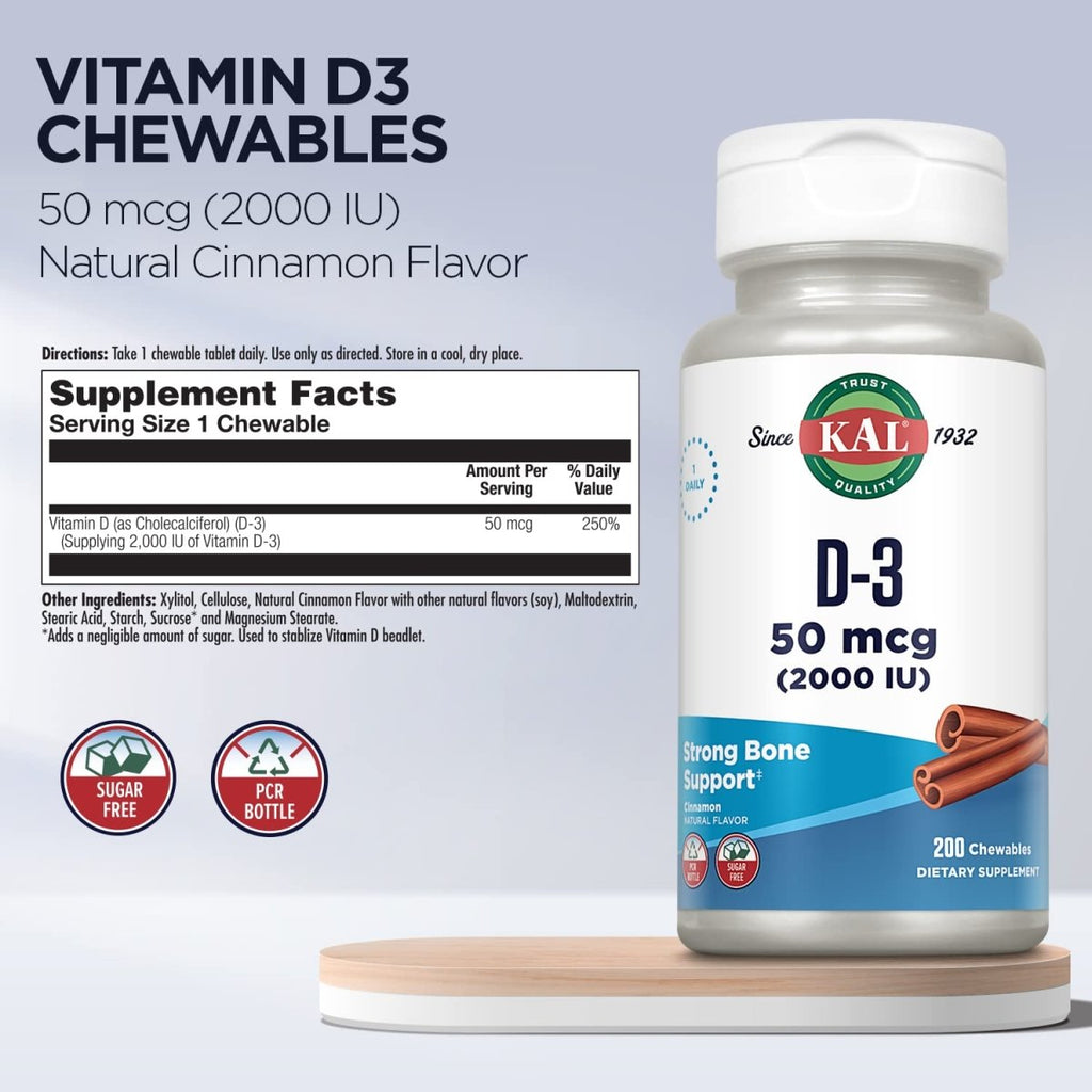 KAL Vitamin D3 Chewables 50 mcg, Vitamin D 2000 IU as Cholecalciferol, 200 Chewables   49864