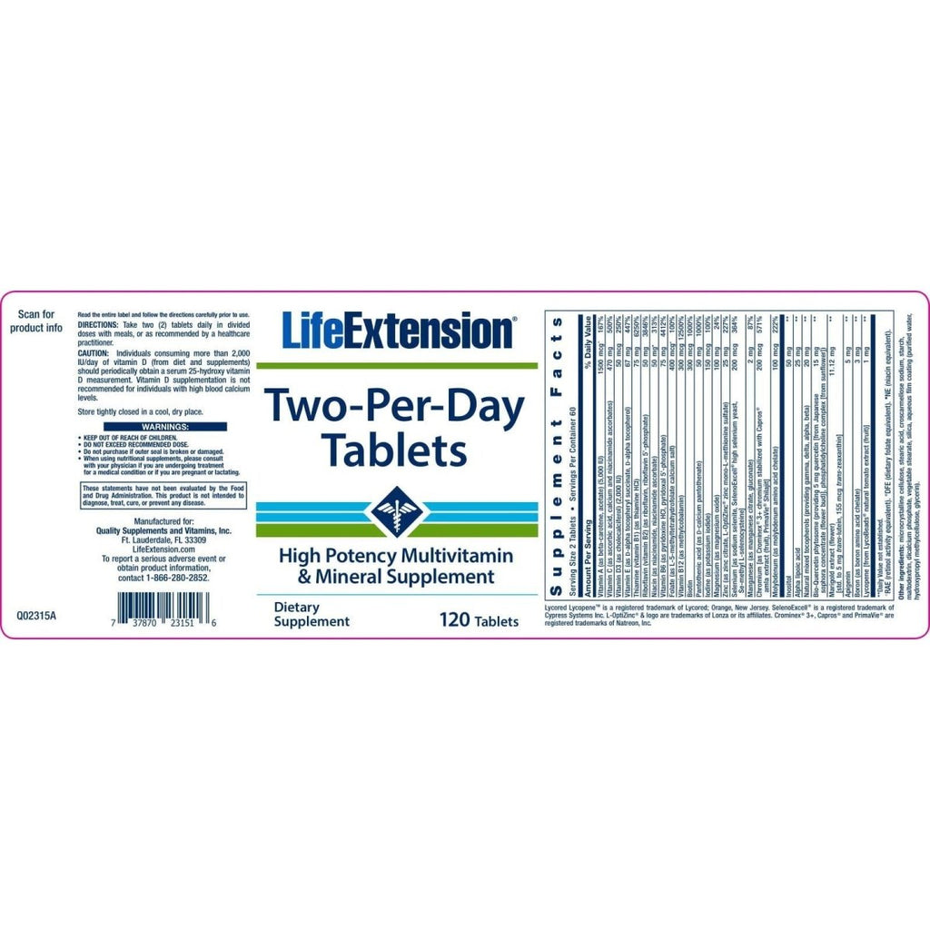Life Extension Two-Per-Day Tablets Super-Potent Multivitamin & Mineral Supplement 120 Tablets