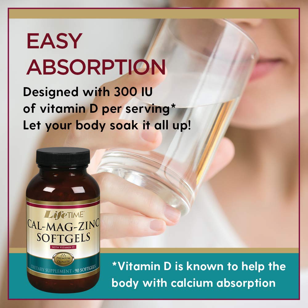 Lifetime Calcium Magnesium Zinc w/Vitamin D | Support Bone, Muscle & Immunity Health | Easy Absorption | Softgel Capsule | 90 Capsules, 30 Servings    40035