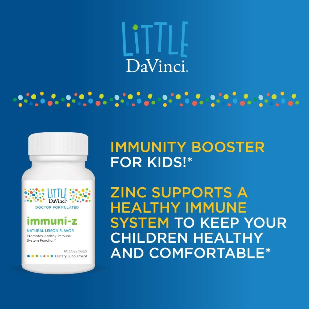 Little DaVinci Immuni-z - Kids Zinc Lozenge to Support Immune Health, Throat Tissue, Brain Health and Development, Sleep and Focus* - with Zinc Citrate and More - Lemon Flavor - 60 Lozenges