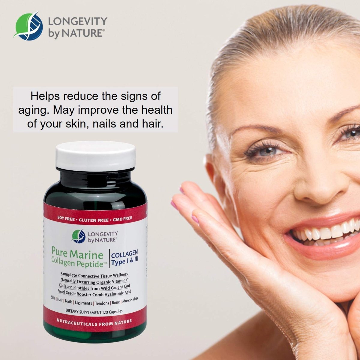 Longevity by Nature - Pure Marine Collage Peptide Type I & III - 120 Capsules