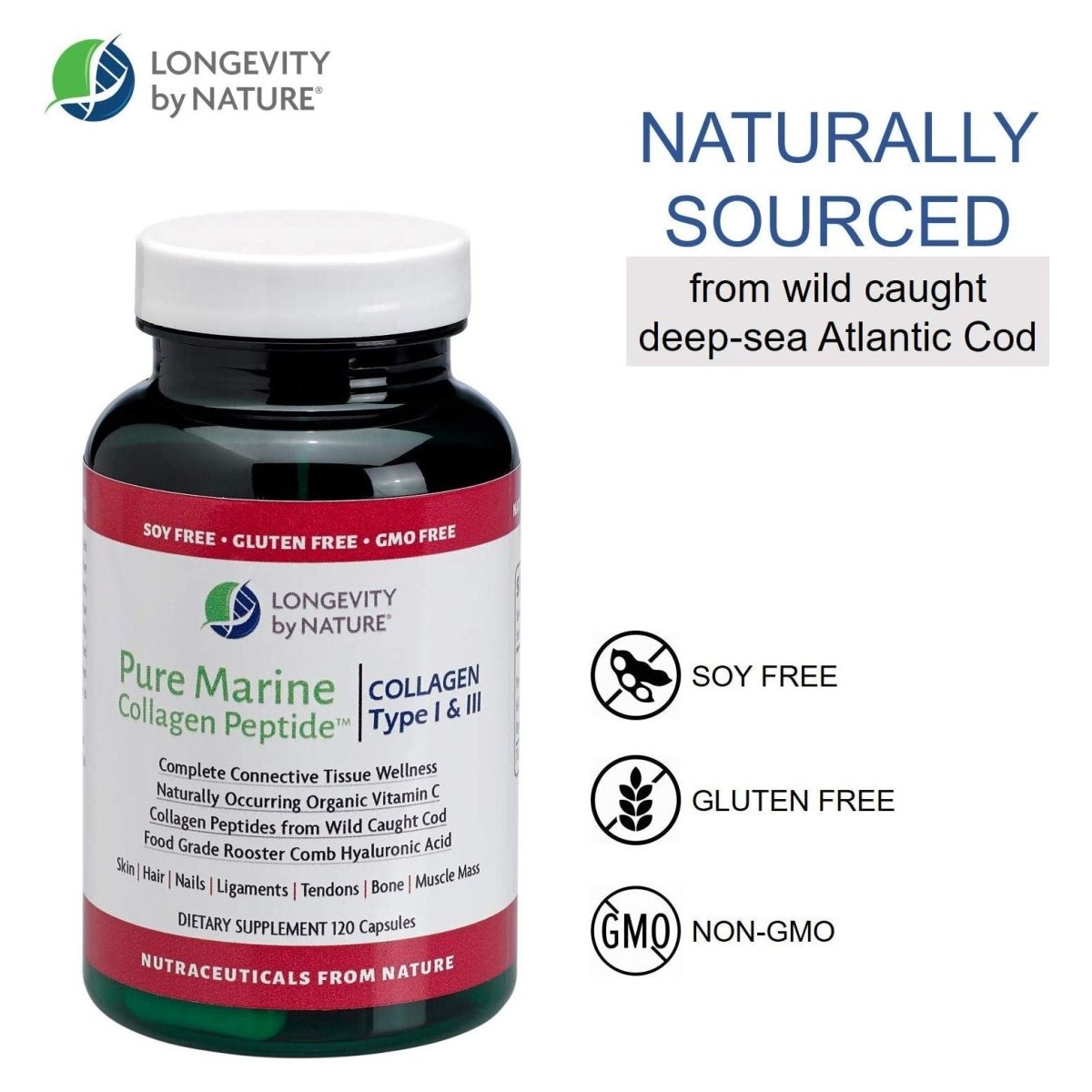 Longevity by Nature - Pure Marine Collage Peptide Type I & III - 120 Capsules