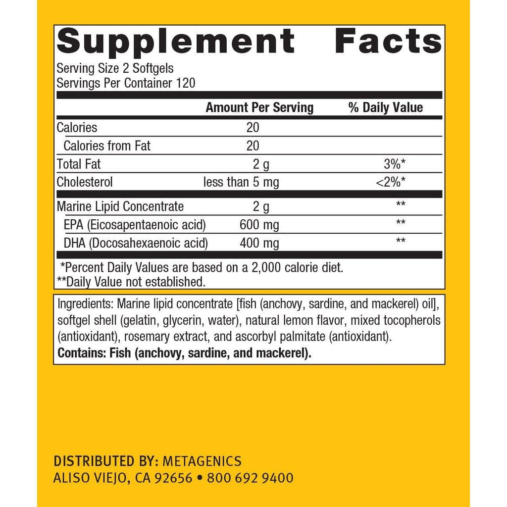 Metagenics OmegaGenics EPA DHA 500 Omega 3 Fish Oil Daily Supplement to Help Support Cardiovascular Health and Immune Function - Lemon Flavor, 240 Count