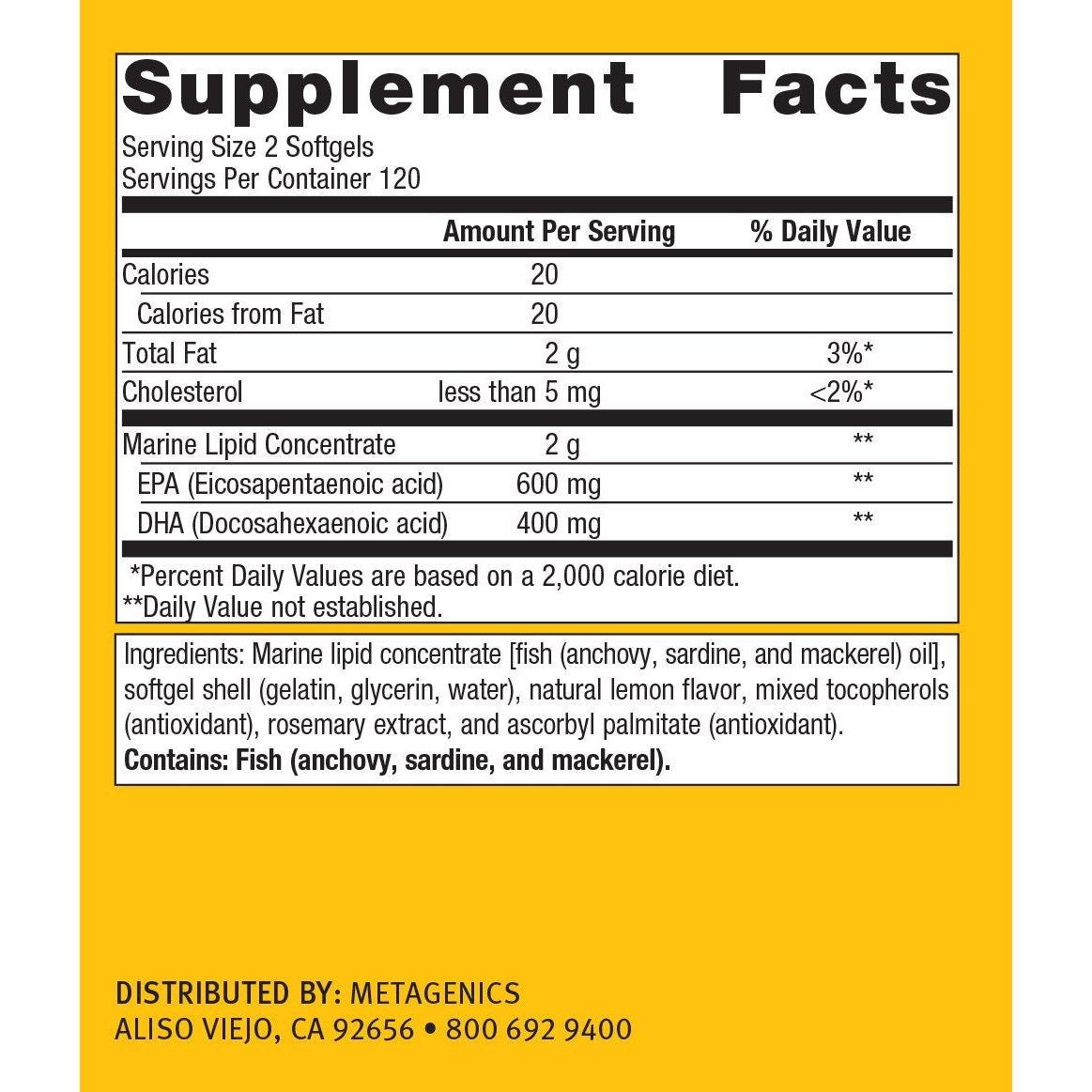 Metagenics OmegaGenics EPA DHA 500 Omega 3 Fish Oil Daily Supplement to Help Support Cardiovascular Health and Immune Function - Lemon Flavor, 240 Count