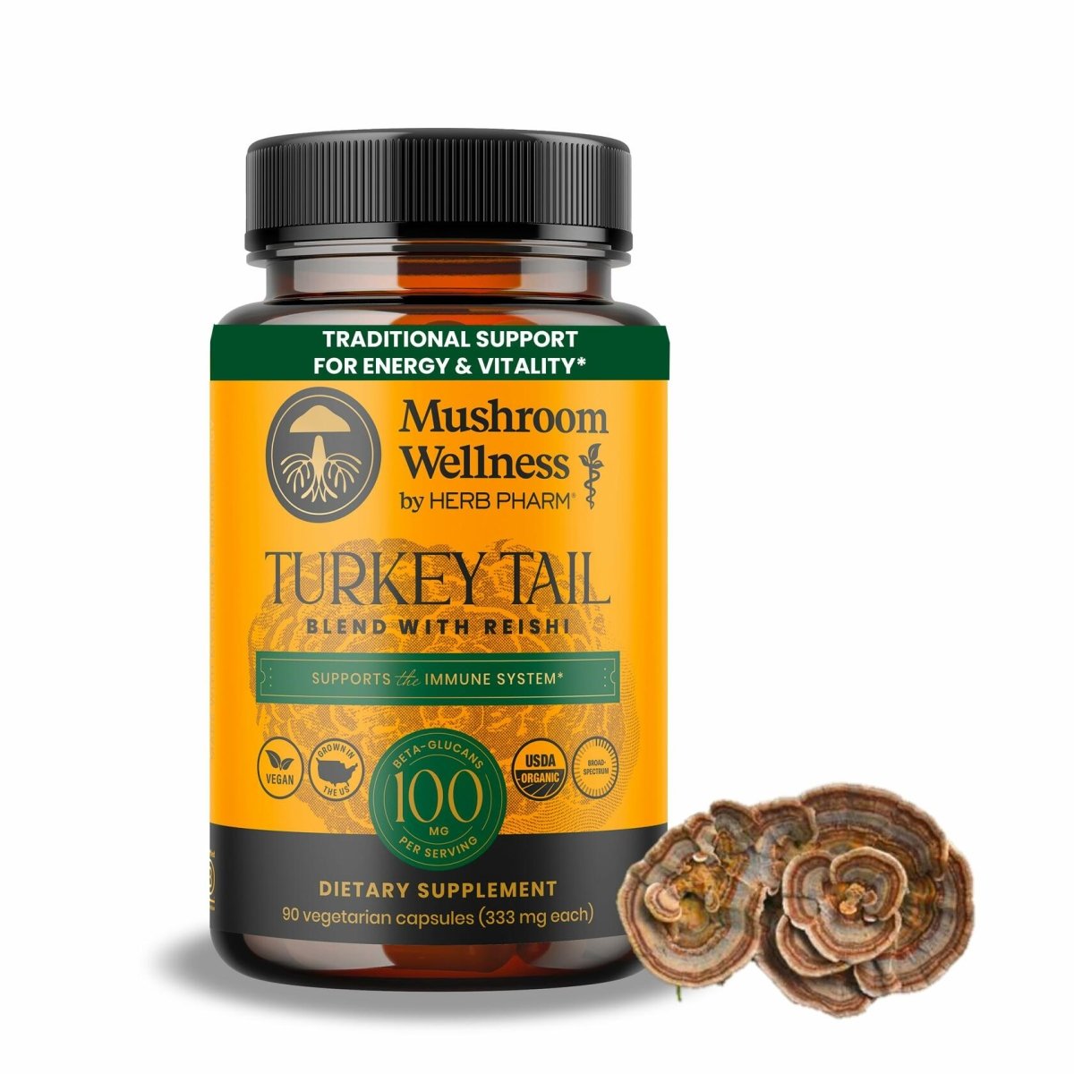 Mushroom Wellness Turkey Tail Blend with Reishi: Organic Turkey Tail & Reishi Mushroom Capsules, Mushroom Powder Supplement, Traditional Immune, Energy & Vitality Support, 90 Vegan Capsules