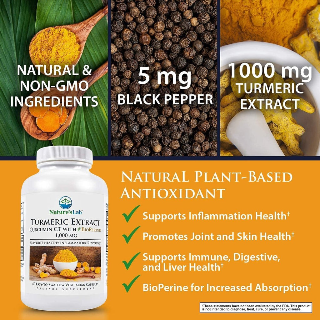 Nature's Lab - Turmeric Extract Curcumin C3 with BioPerine 1000 mg. - 60 Capsules
