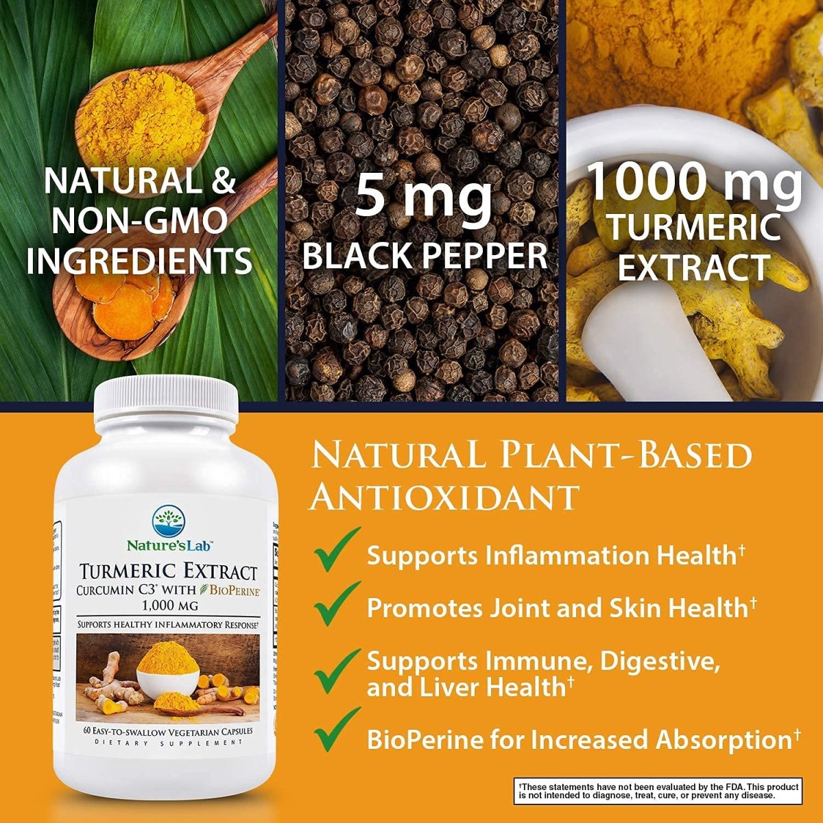 Nature's Lab - Turmeric Extract Curcumin C3 with BioPerine 1000 mg. - 60 Capsules