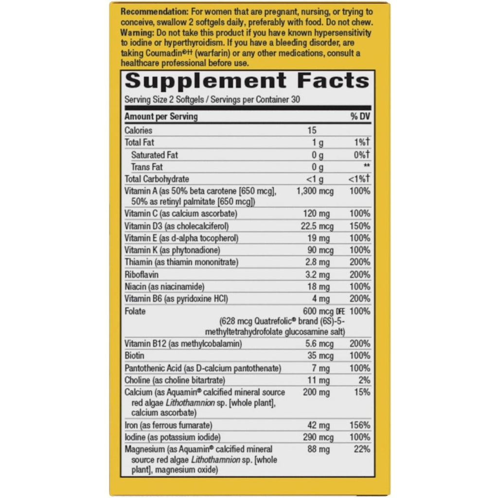Nature's Way Alive! Complete Premium Prenatal Multivitamin for Women, Healthy Eye and Brain Development*, 60 Vegetarian Softgels