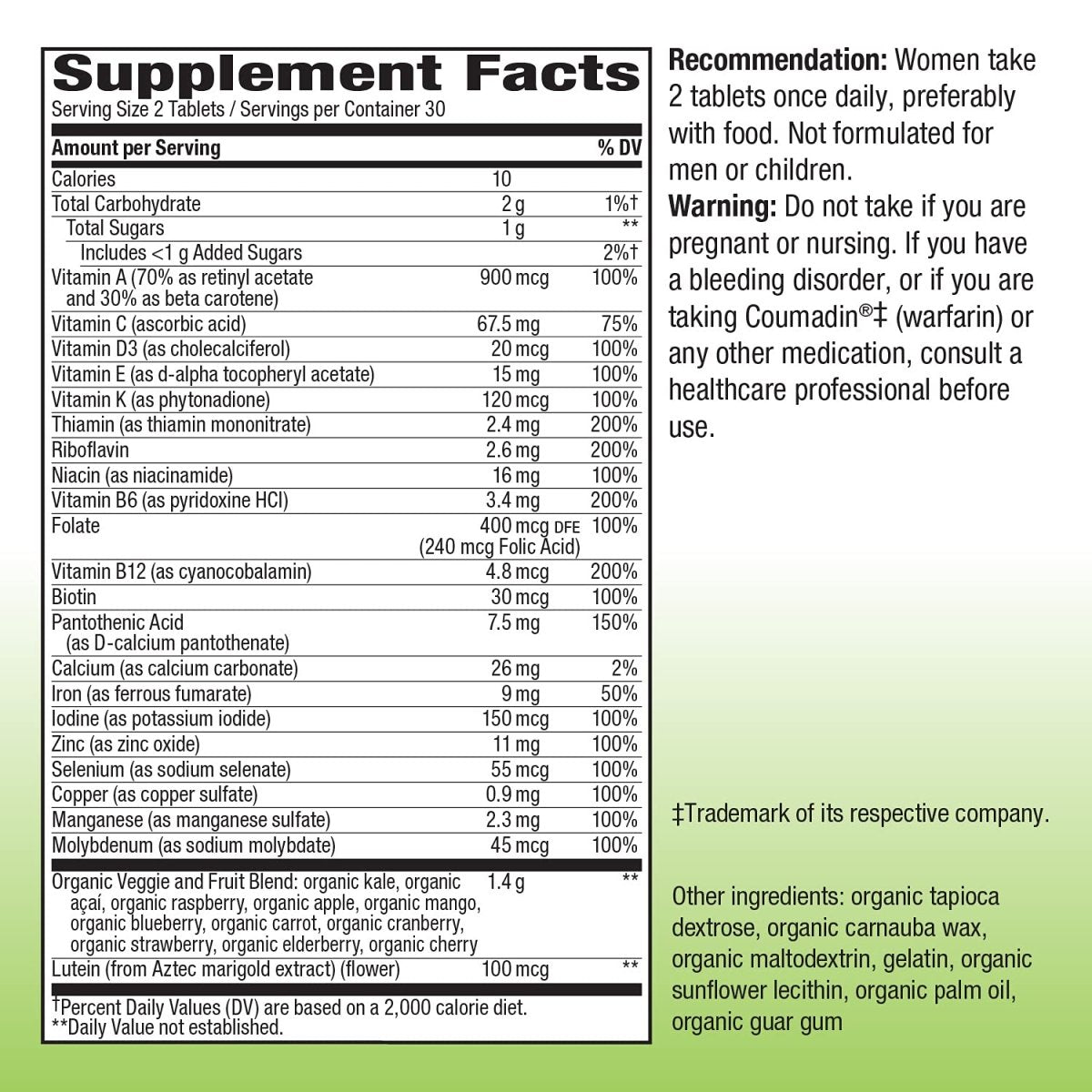 Nature's Way Alive! Garden Goodness Multivitamin for Women, 1 Serving Veggies & Fruits**, with Organic Kale, High Potency B-Vitamins, 60 Tablets