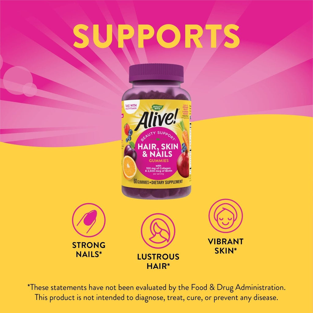 Nature's Way Alive! Hair, Skin & Nails Gummies, with Biotin and Collagen, Beauty Support*, 60 Strawberry Flavored Gummies