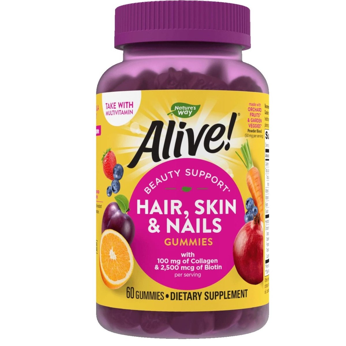 Nature's Way Alive! Hair, Skin & Nails Gummies, with Biotin and Collagen, Beauty Support*, 60 Strawberry Flavored Gummies