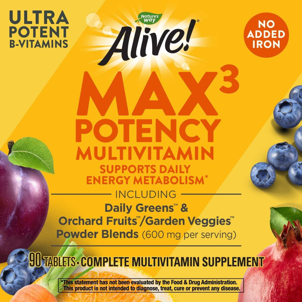 Nature's Way Alive! Max3 Potency Multivitamin, Support Daily Energy Metabolism*, No Added Iron, 90 Tablets