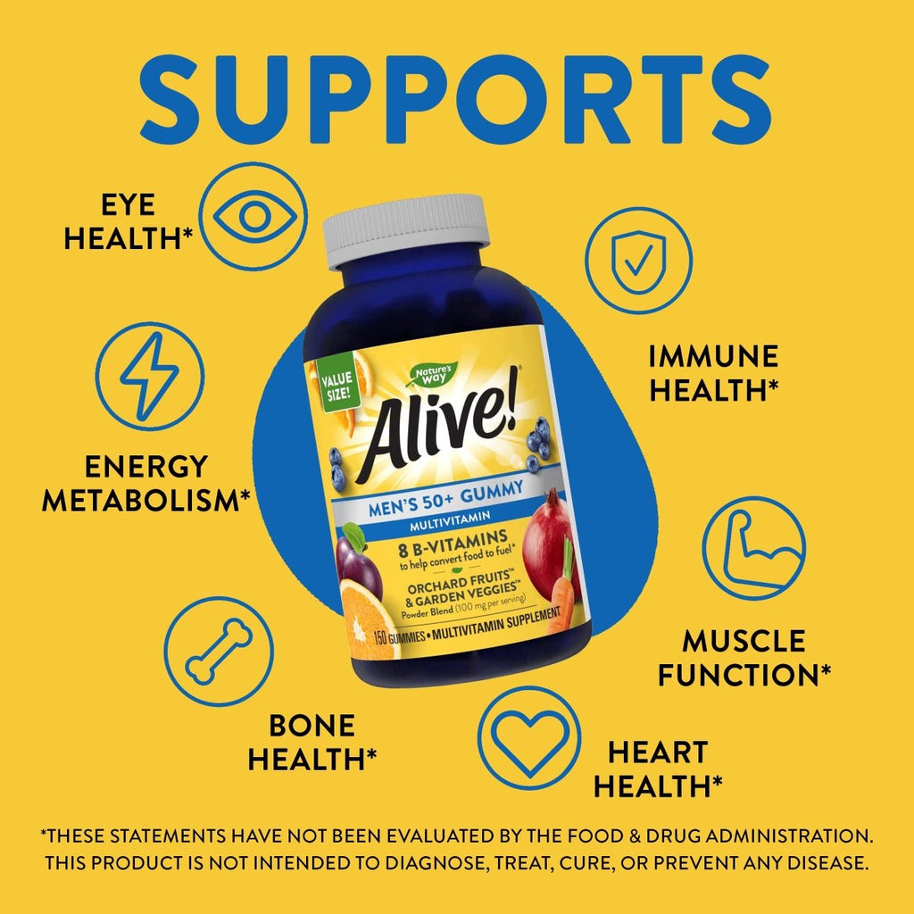 Nature?s Way Alive! Men?s 50+ Gummy Multivitamins, Supports Multiple Body Systems*, Supports Cellular Energy, B-Vitamins, Gluten-Free, Vegetarian, Fruit Flavored, 150 Gummie