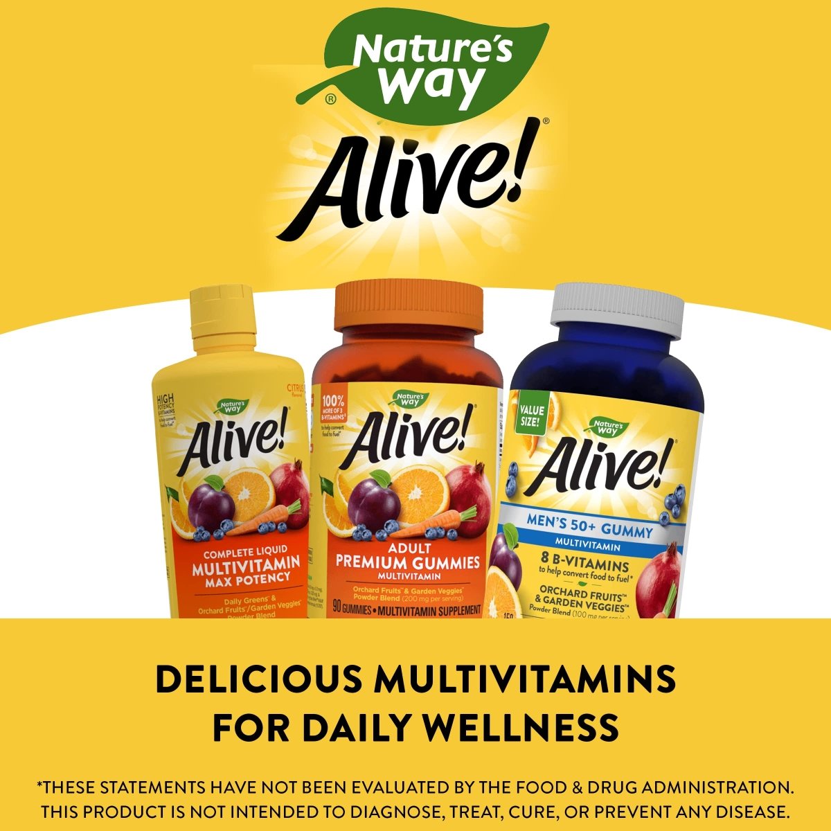Nature?s Way Alive! Men?s 50+ Gummy Multivitamins, Supports Multiple Body Systems*, Supports Cellular Energy, B-Vitamins, Gluten-Free, Vegetarian, Fruit Flavored, 150 Gummie
