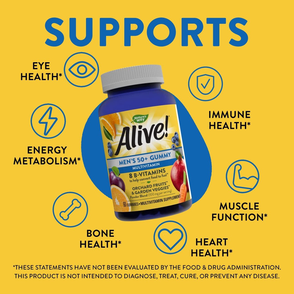 Nature?s Way Alive! Men?s 50+ Gummy Multivitamins, Supports Multiple Body Systems, Supports Cellular Energy, B-Vitamins, Gluten-Free, Vegetarian, Fruit Flavored, 60 Gummies